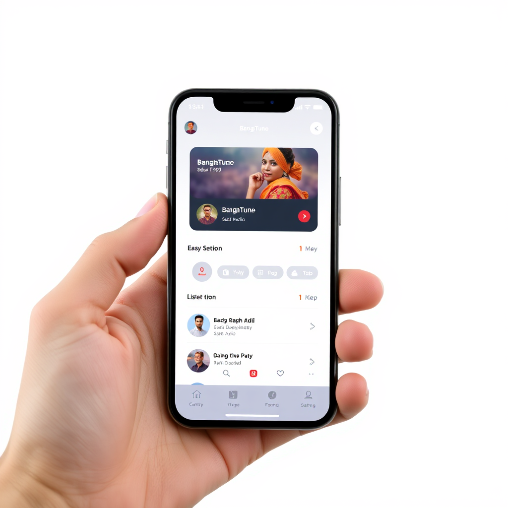 A clean and modern user interface showcasing the BanglaTune app with easy navigation. A user should appear effortlessly selecting and listening to a radio station. The image should convey simplicity and ease of use. Technical specs: 4K resolution, high-quality rendering.