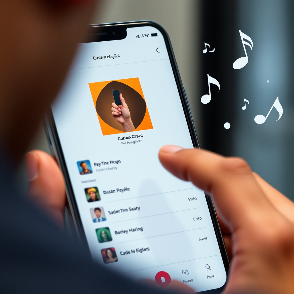 A close-up of a user creating a custom playlist on the BanglaTune app. The interface is clean and modern. Musical notes and symbols float around the playlist. Technical Specs: 4k, modern.