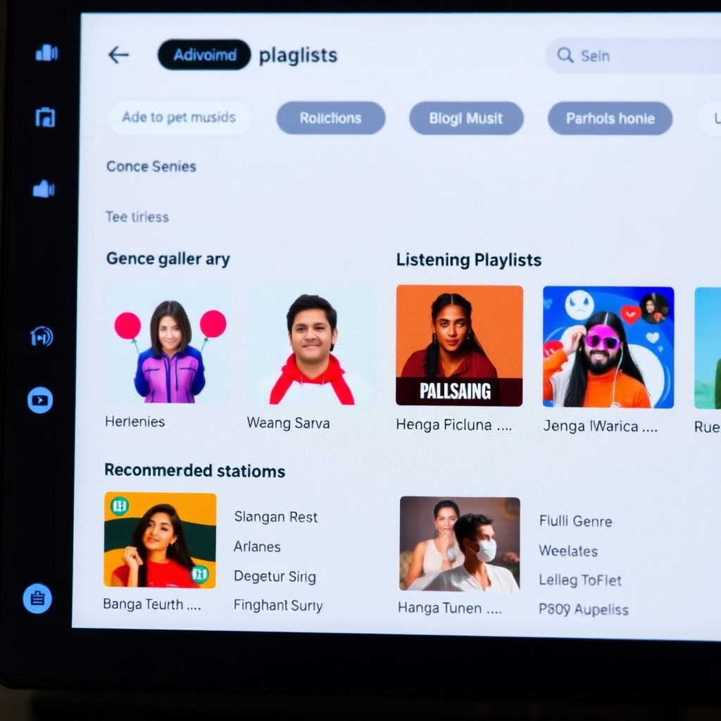 A close-up shot of a user interface showcasing personalized playlists on BanglaTune. The interface displays various genres, artists, and recommended stations based on listening history. The visual style should be clean and modern, with vibrant colors. Technical specs: 4K resolution, high-quality rendering.