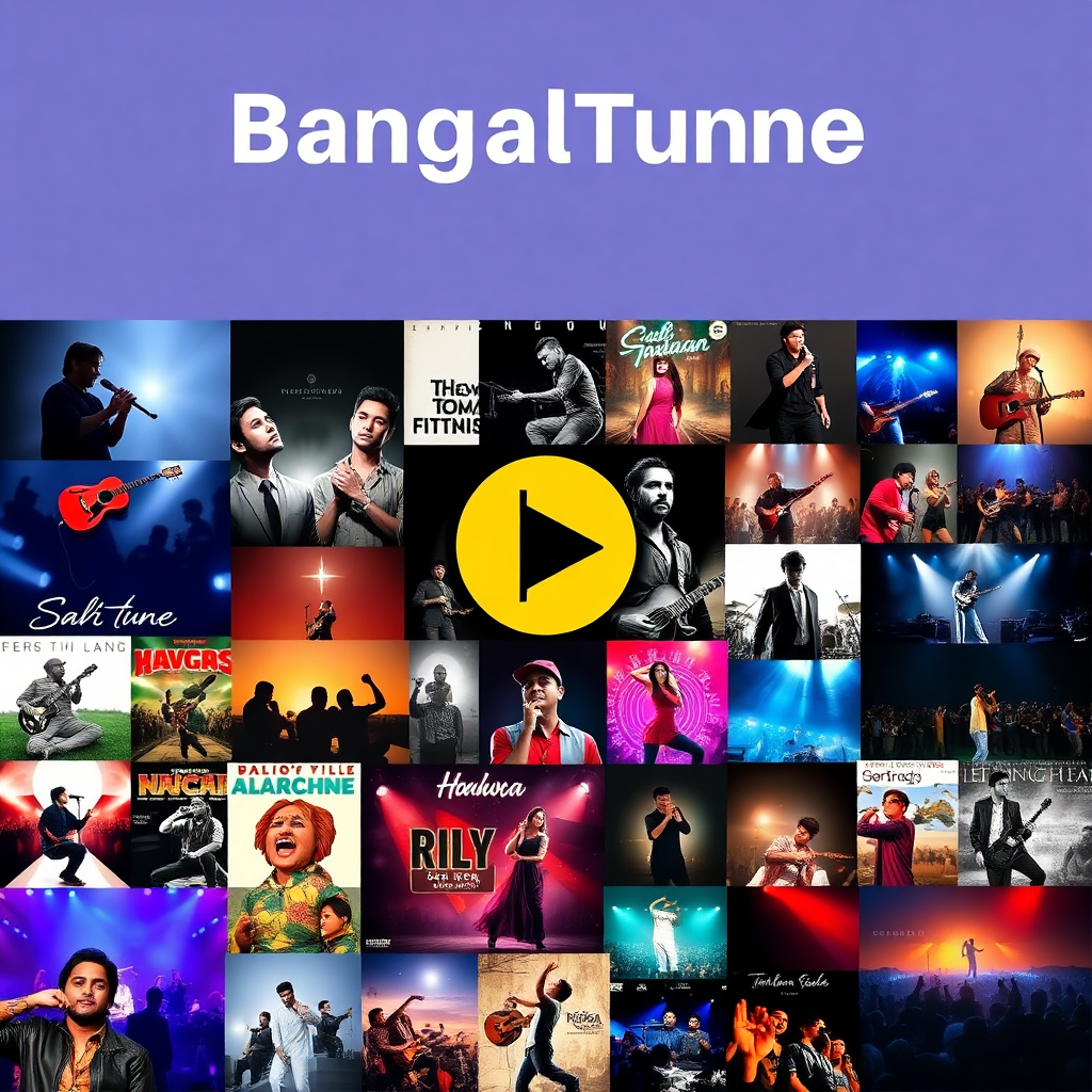 A collage of images representing different music genres available on BanglaTune. The collage should include elements like instruments, album covers, and concert scenes from various genres. The image should convey variety and diversity. Technical specs: 4K resolution, high-quality rendering.