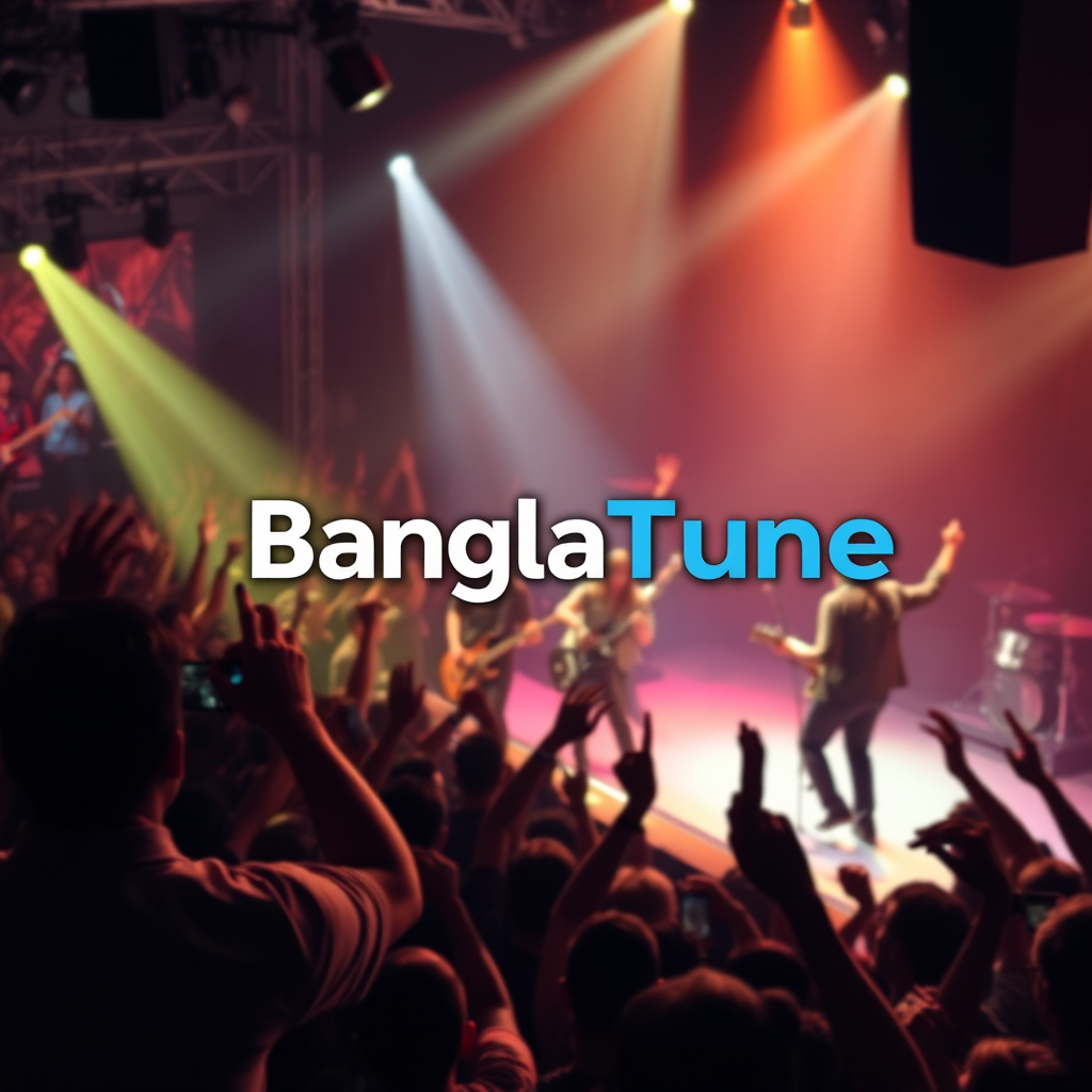 A dynamic image capturing a live concert being broadcasted through BanglaTune. The scene features a band performing on stage with a crowd cheering in the background. A radio broadcasting logo should subtly appear in the scene. The image should convey excitement and energy. Technical specs: 4K resolution, photorealistic.