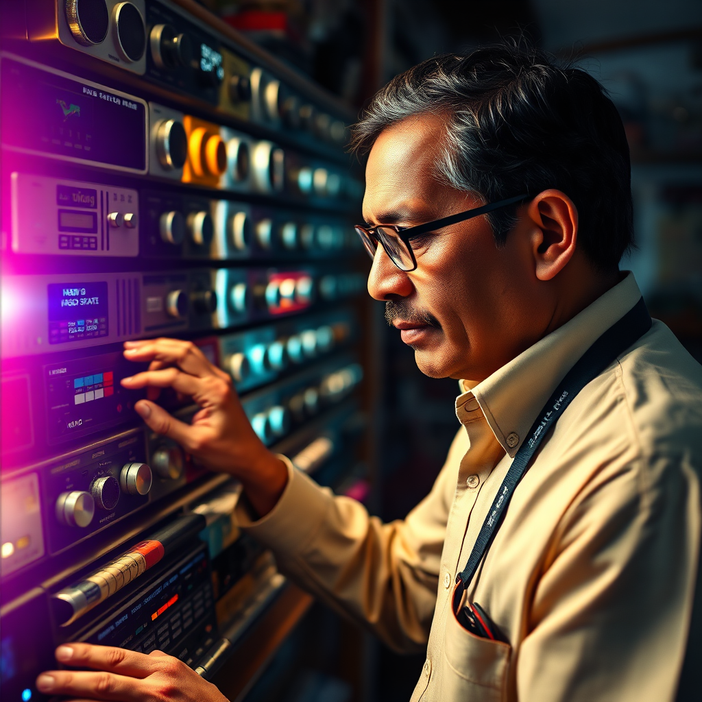 A photorealistic image of a curator carefully selecting different radio stations from a vast collection. The curator should appear knowledgeable and discerning. The image should convey quality and expertise. Technical specs: 4k, photorealistic.