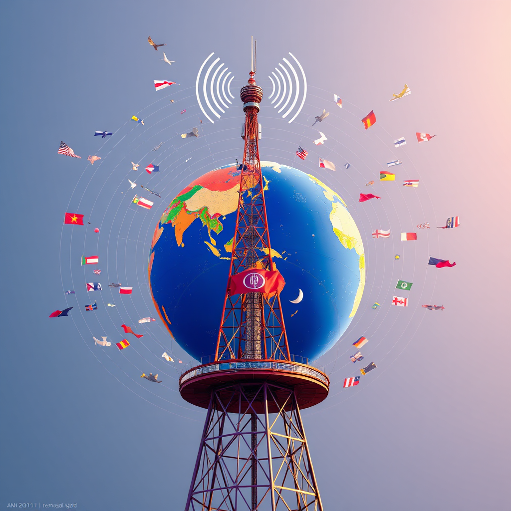 A photorealistic rendering of a radio tower emitting sound waves that encircle the globe, touching down in various countries and communities. The color palette is diverse, reflecting the different cultures connected through BanglaTune. The lighting should be bright and uplifting. Technical specs: 4k resolution.