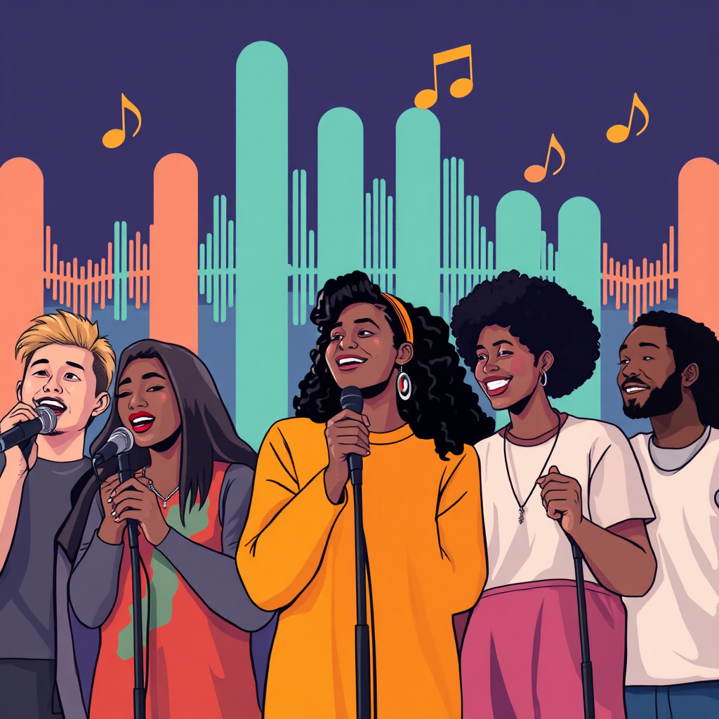 A stylized image showcasing a diverse group of emerging artists from different countries, each holding a microphone and performing. The background features abstract sound waves and musical notes. The image should convey diversity and discovery. Technical specs: 4K resolution, stylized design.