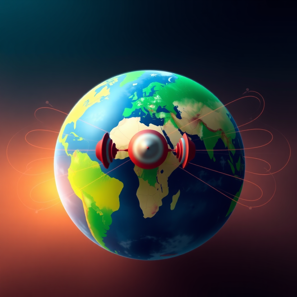 A stylized image showing the earth with radio waves emanating from different countries. The waves converge at a central point, symbolizing global access. The color palette is vibrant and diverse. Technical Specs: 4k, stylized.