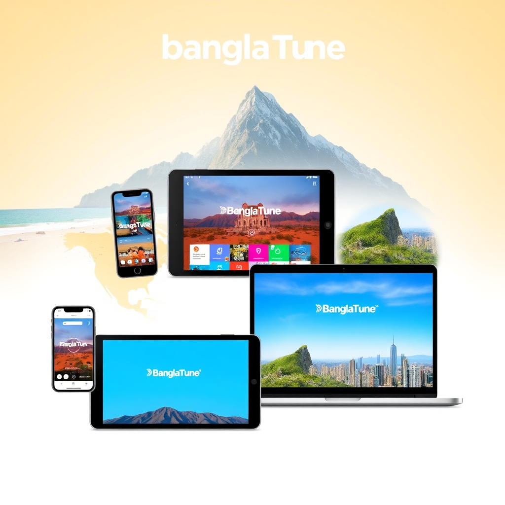 A stylized image showing various devices (smartphone, tablet, laptop) displaying the BanglaTune interface, each located in different global settings (beach, mountain, city). The devices seamlessly transition from one to another, symbolizing accessibility. Lighting should be bright and vibrant. Technical specs: 4K resolution, stylized design.