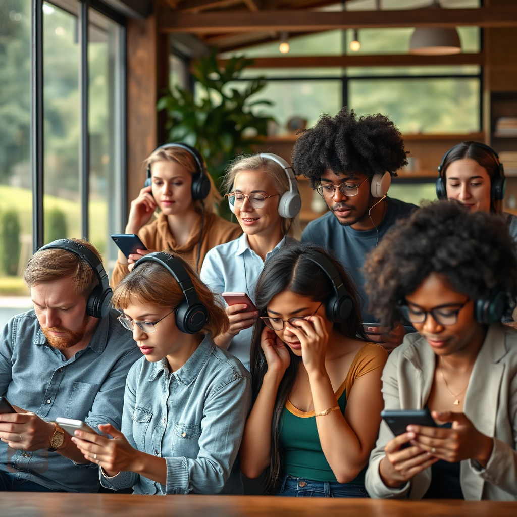 An image depicting a diverse group of people listening to podcasts on different devices. The scene is set in various locations (coffee shop, park, office). Technical specs: 4k, photorealistic.