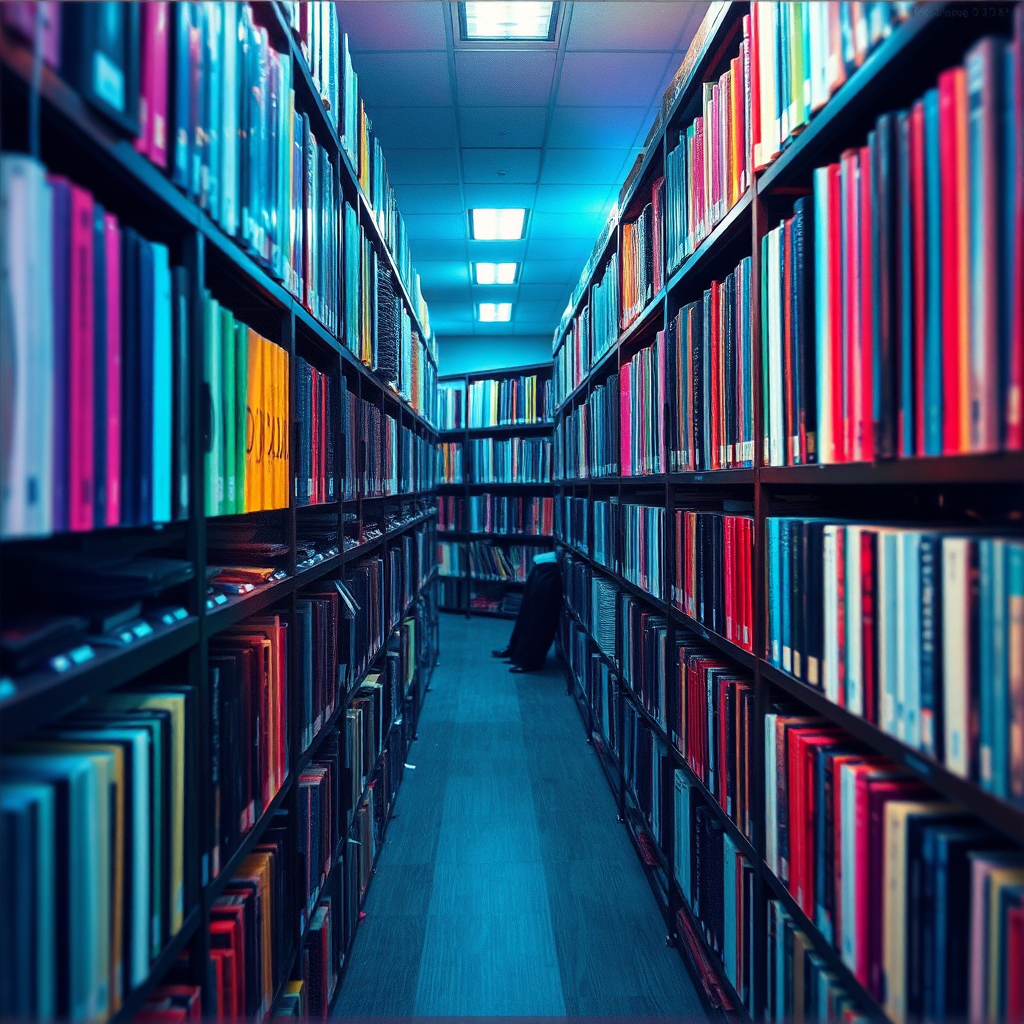 A photorealistic image depicting a vast library filled with music records, podcasts, and radio shows from all over the world. The library is lit with warm and inviting lighting. A person is browsing the library, looking excited to discover new content. The image should convey the idea of limitless choices and discovery. Technical Specs: 4k, photorealistic.