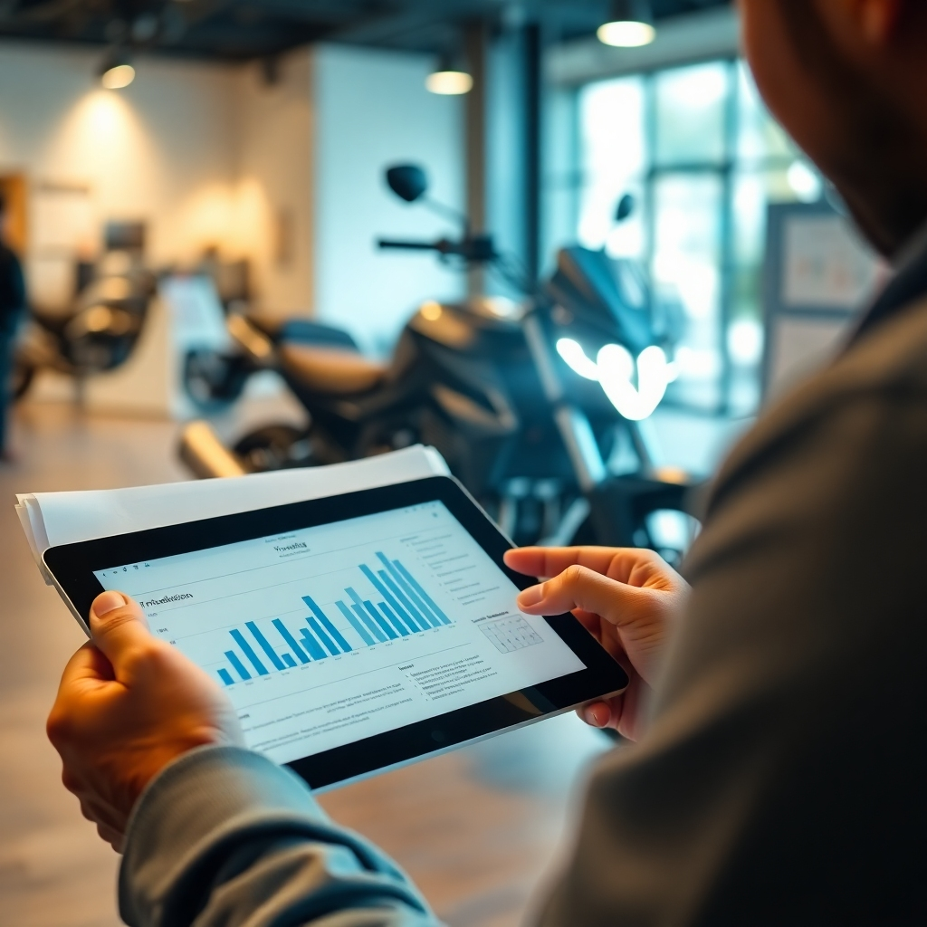 Create an image showing a person reviewing documents with financial charts on a tablet, illuminated by soft light. The background subtly displays a motorcycle in a showroom, symbolizing informed decisions about motorcycle financing.