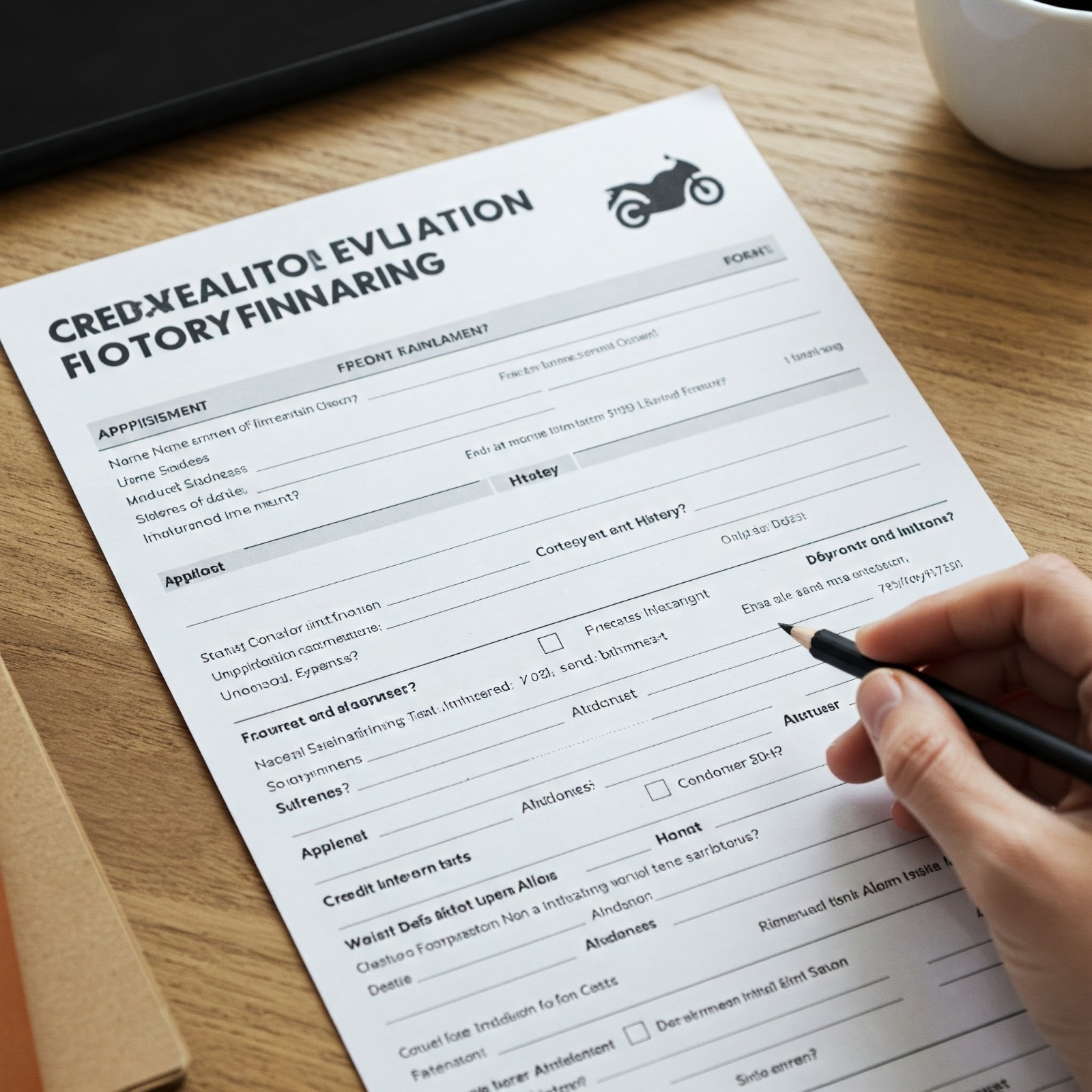 Visualize a simplified checklist with checkmarks, representing easy-to-meet requirements for motorcycle financing. A motorcycle silhouette is in the background to reinforce the theme.