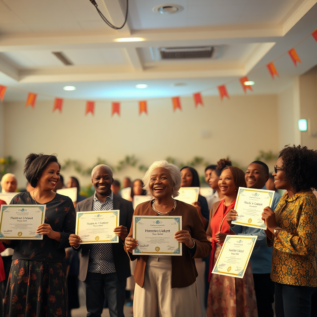 A photorealistic image of a community event celebrating the successful completion of an AI literacy program. Participants are receiving certificates and showcasing their newly acquired skills. Lighting is celebratory and joyful. The color palette is warm and inclusive. The background is a community center decorated for the occasion. Style reference: Community celebration photography. Technical specs: 4K resolution, high quality.