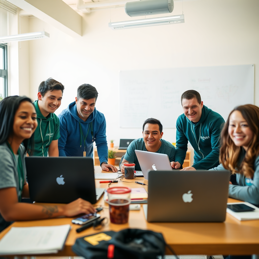  A photorealistic image of volunteers working together in a collaborative setting, assisting with GPT-powered educational programs. The lighting is bright and encouraging. The color palette is warm and inviting. The composition emphasizes teamwork and collaboration. Props include laptops, learning materials, and smiling faces. Style reference: Volunteer engagement photography. Technical specs: 4K resolution, high quality.