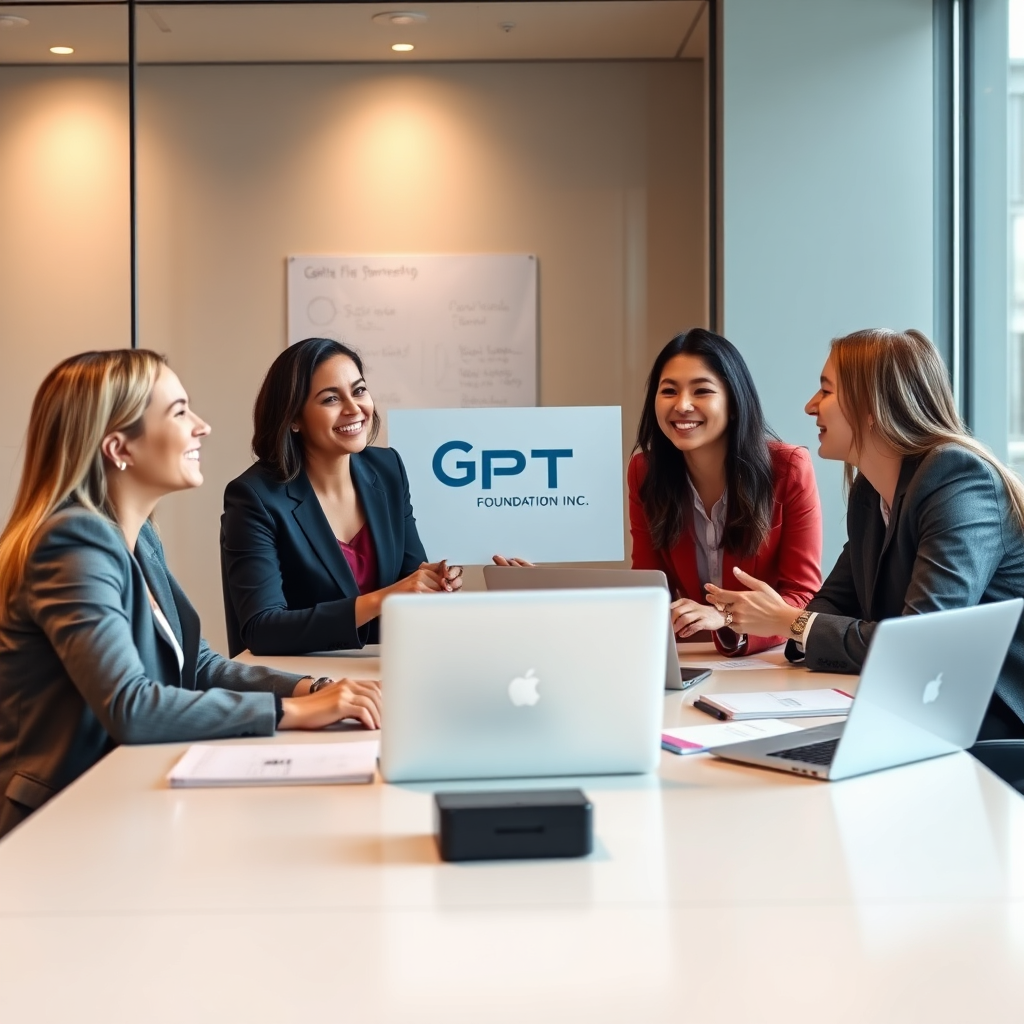  A photorealistic image showcasing a partnership meeting between representatives from GPT Foundation Inc and a corporate sponsor, discussing collaborative projects and initiatives. The setting is a modern office with a conference table. Lighting is professional and collaborative. The color palette is businesslike and optimistic. Props include laptops, presentation materials, and smiling faces. Style reference: Corporate partnership photography. Technical specs: 4K resolution, high quality.