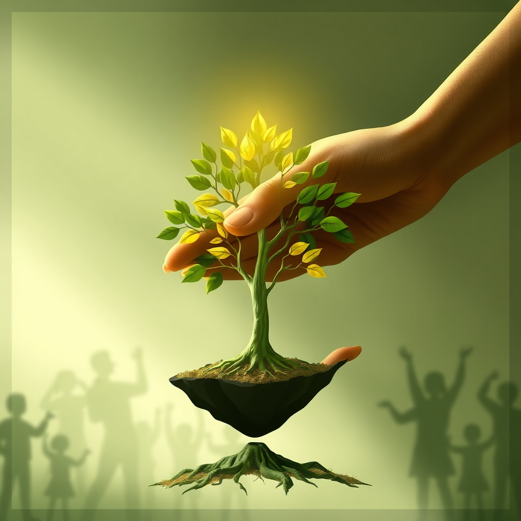  A stylized image representing the impact of a donation, depicted as a hand contributing to a growing tree of knowledge, symbolizing growth and empowerment. The lighting is soft and hopeful. The color palette is green and gold. The background is an abstract representation of a community. Style reference: Symbolic donation visuals. Technical specs: 4K resolution, high quality.