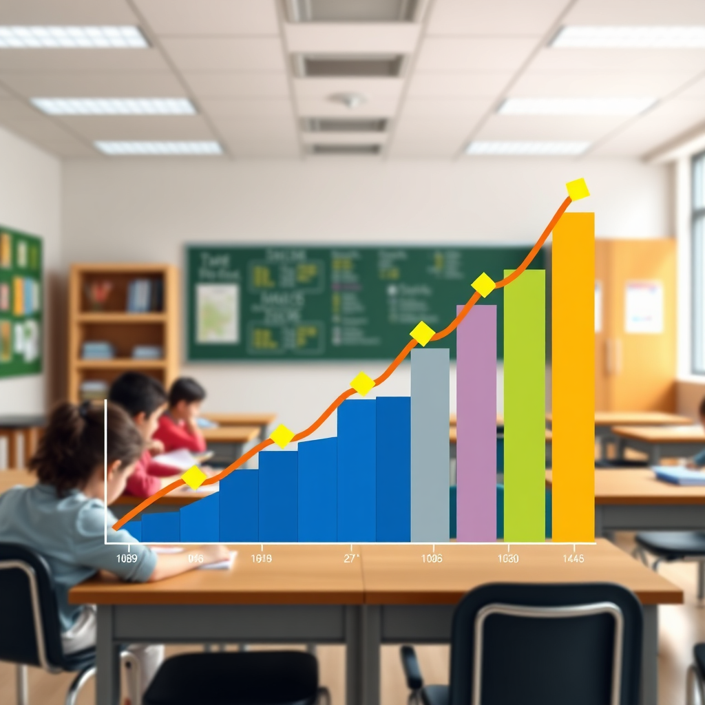 A visual representation of a graph showing an upward trend in student performance after implementing GPT-powered educational programs. The graph should be stylized and visually appealing, with bright colors and clear data points. Lighting is bright and positive. The background should be a modern classroom setting. Style reference: Data visualization and educational infographics. Technical specs: 4K resolution, high quality.