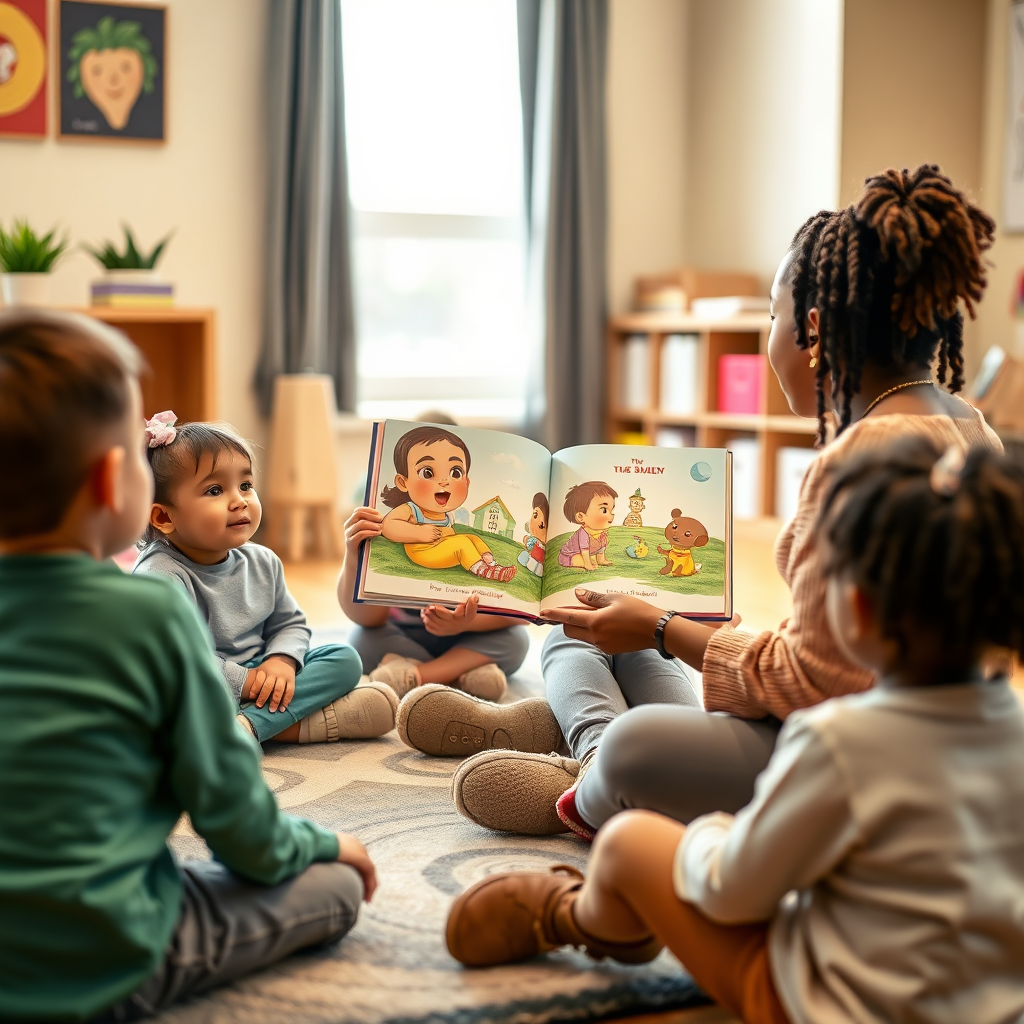 Teacher reading to children during circle time
