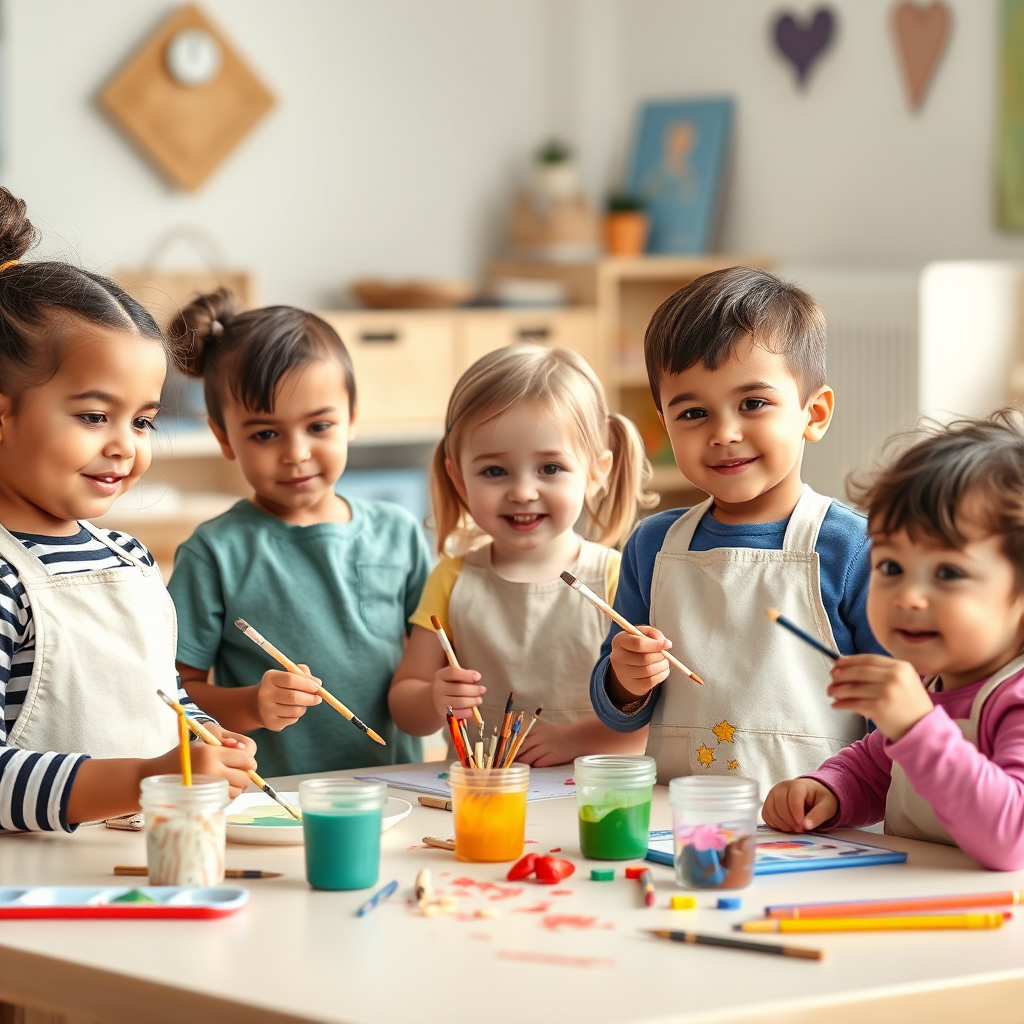 Children painting and crafting at an art station
