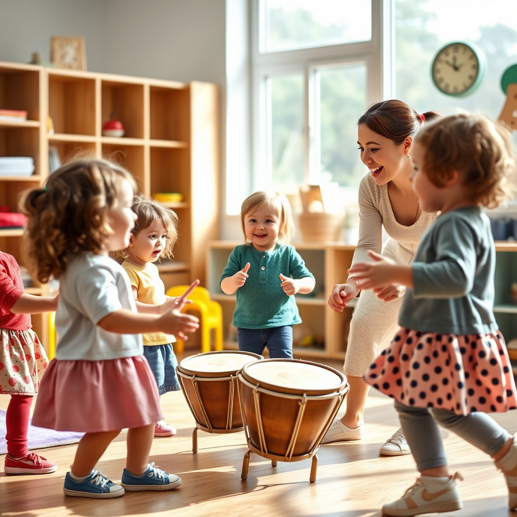 Children dancing and playing instruments with a teacher