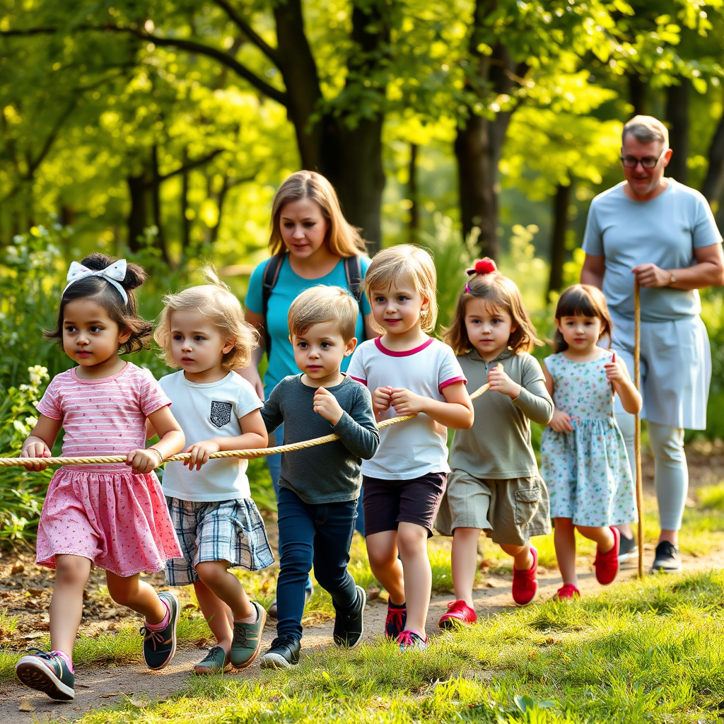 Children on a nature walk holding hands in a safe group