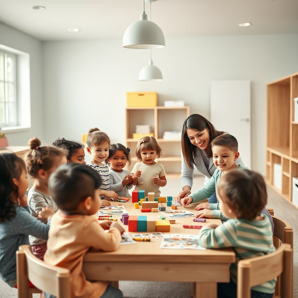 Happy diverse children learning with caring educators at Bizzy Totz Learning Center