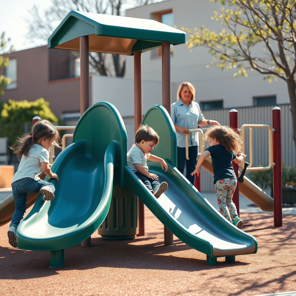 Children playing outdoors on a playground with educator supervision