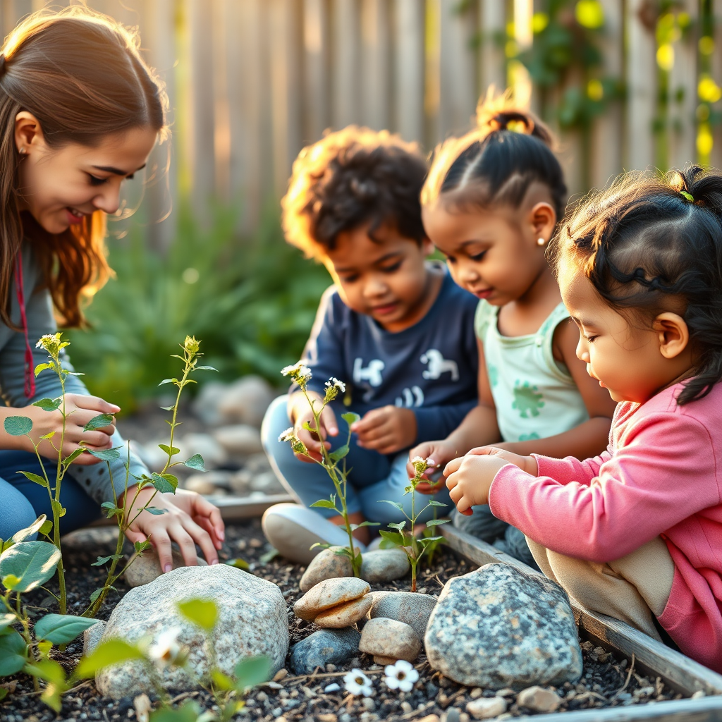 Children exploring outdoors with educator supervision