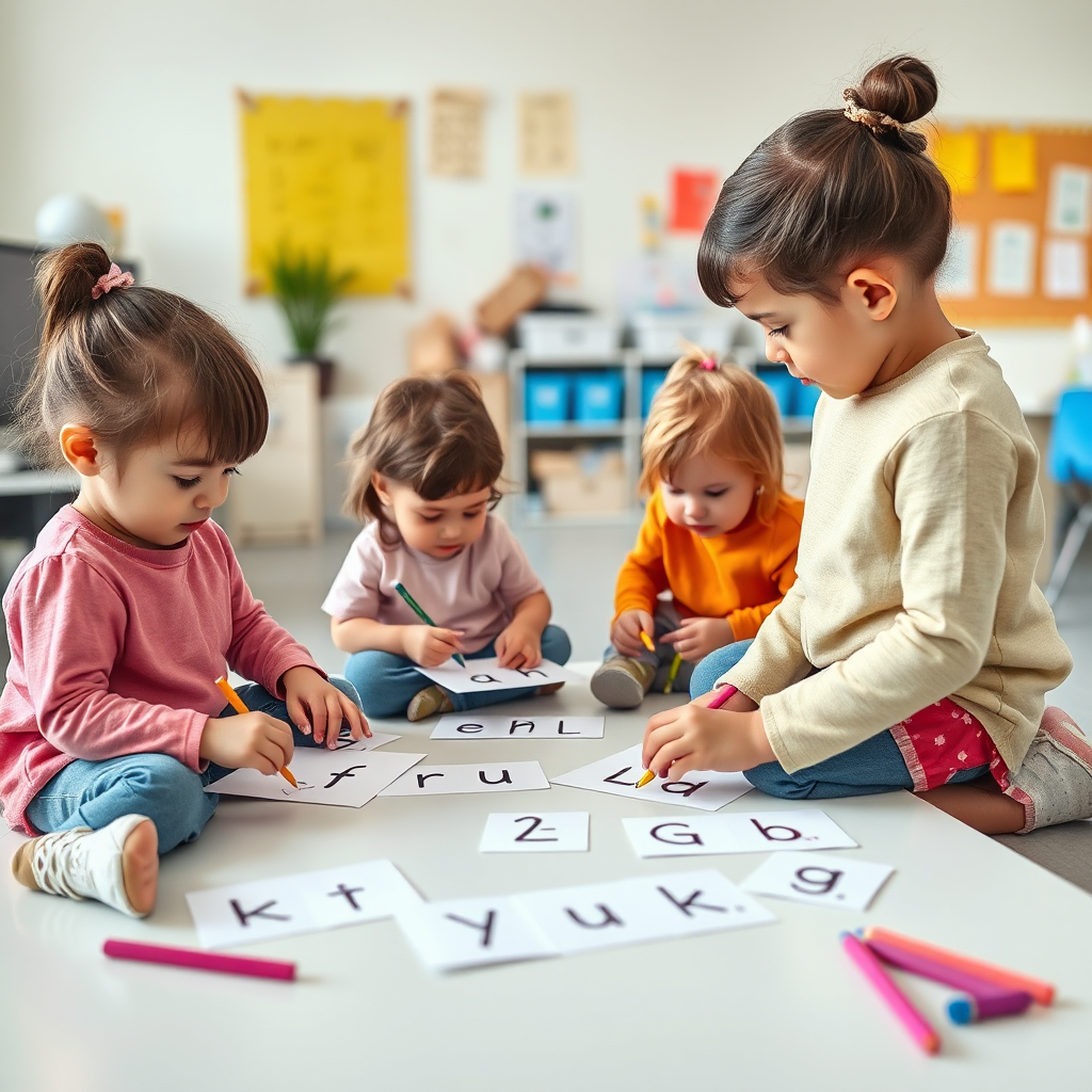 Pre-K children practicing writing readiness with teacher support