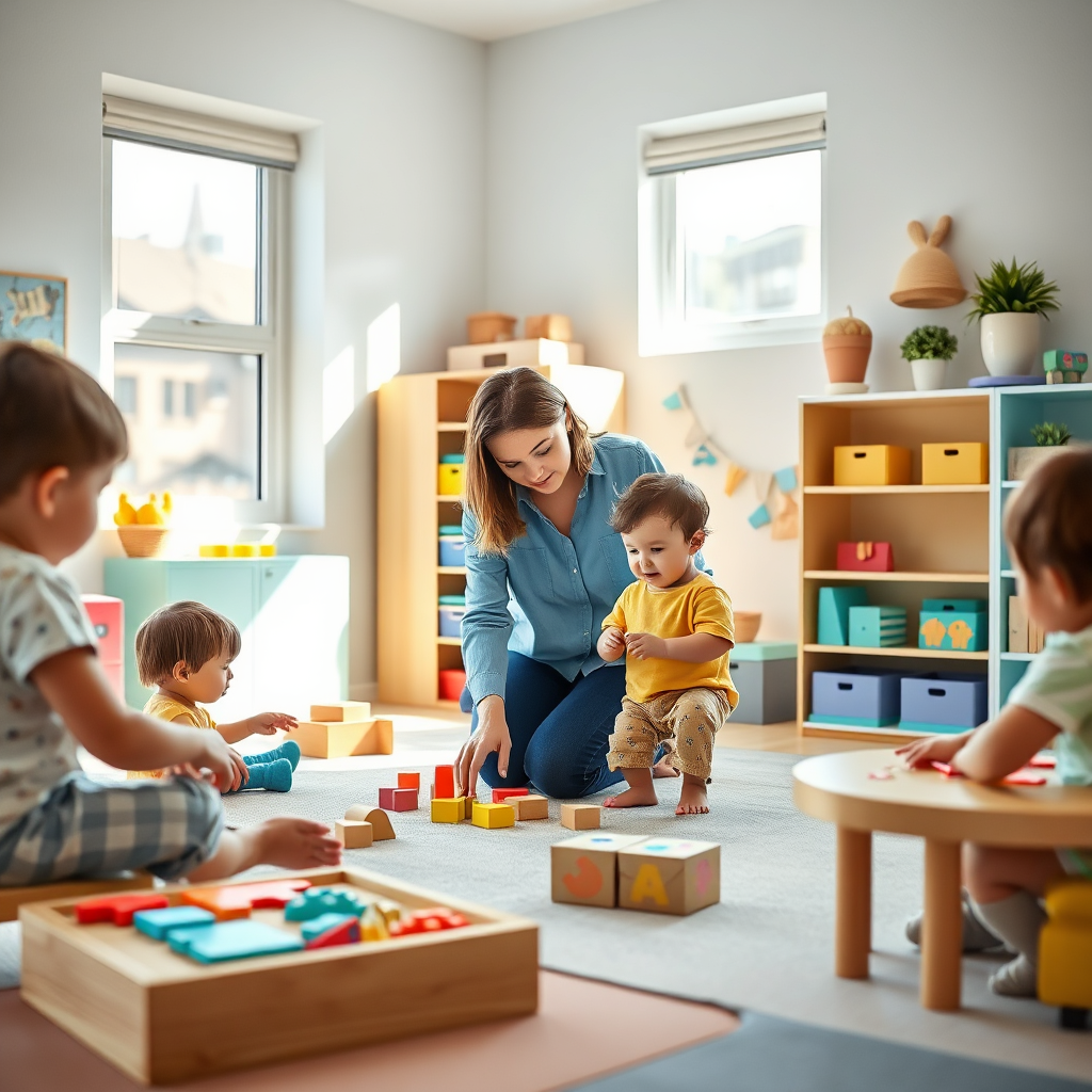 Warm, bright classroom with children engaged and a caring teacher