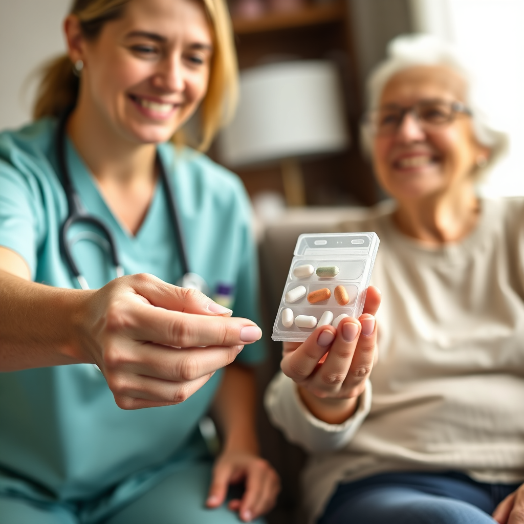 Caregiver assisting senior with medication