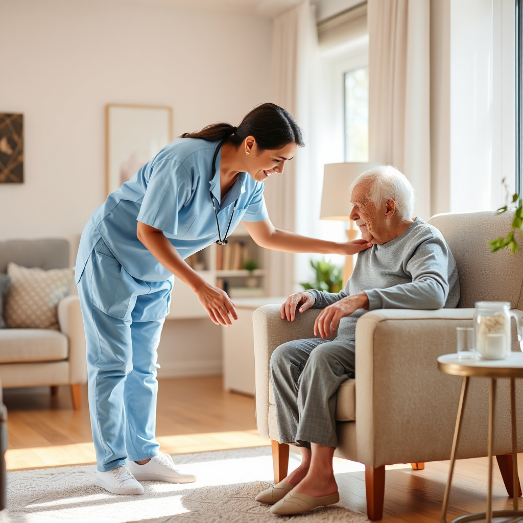 Caregiver assisting an elderly patient at home after surgery
