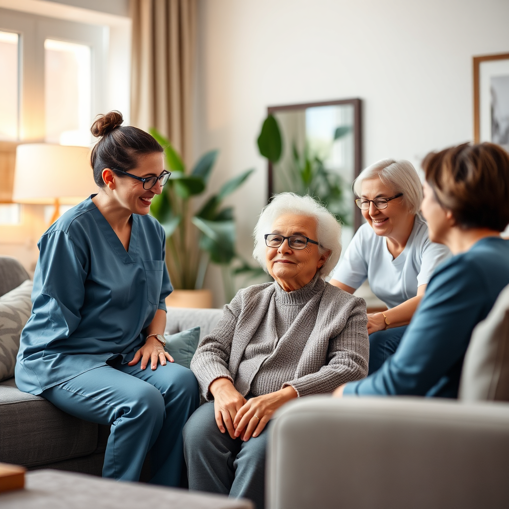 Care team with family discussing dementia care at home