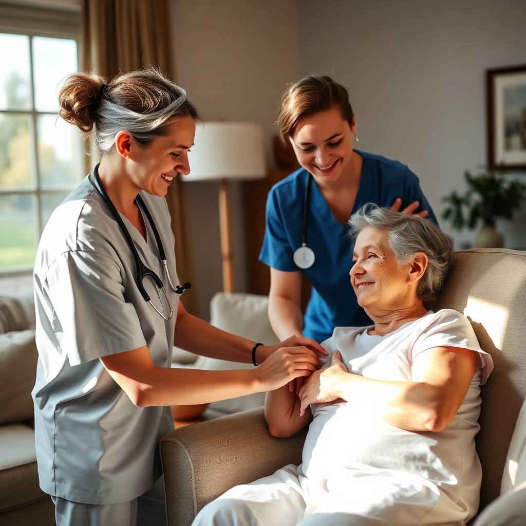 Caregiver assisting patient at home after surgery (services)