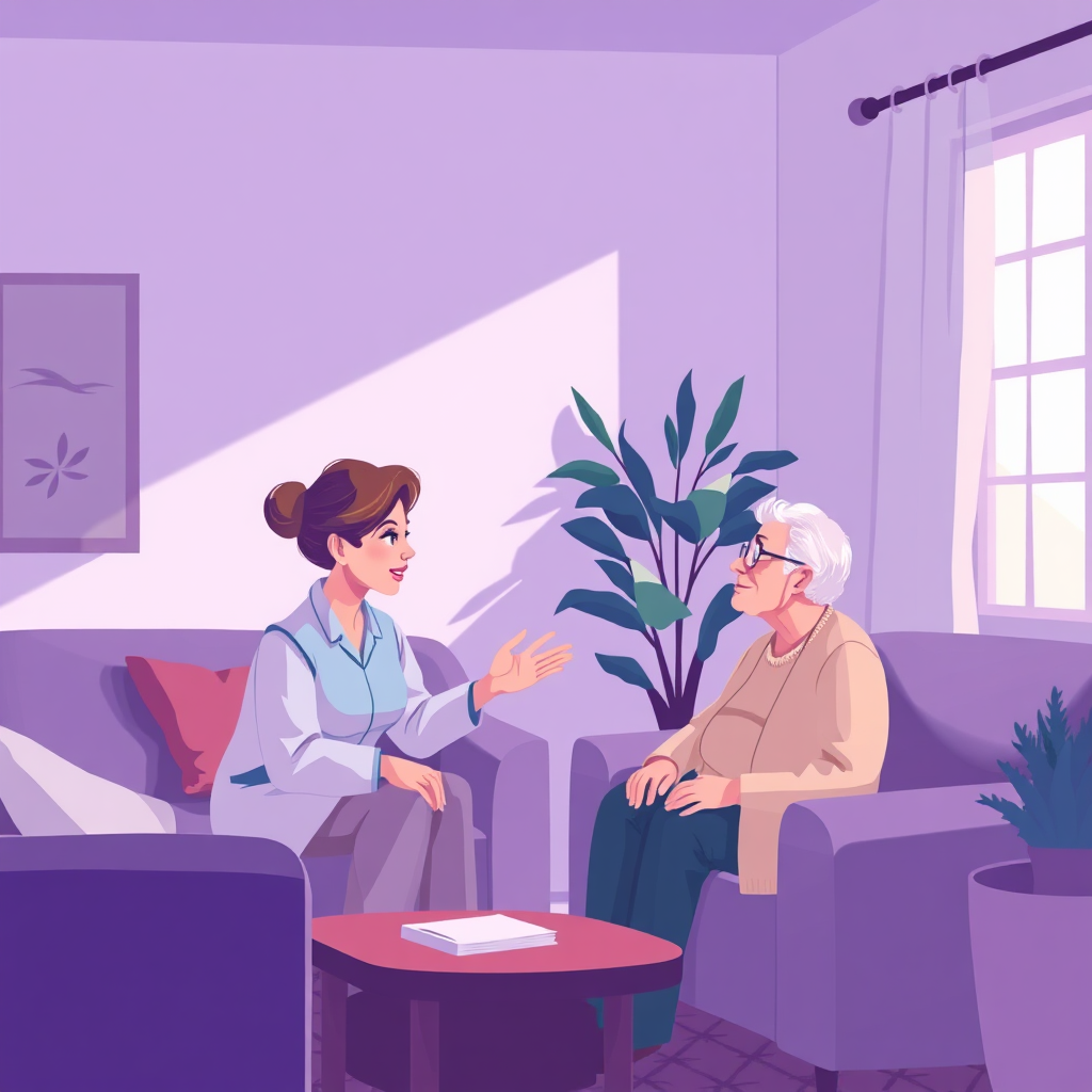 Caregiver engaging with client in a cozy living room
