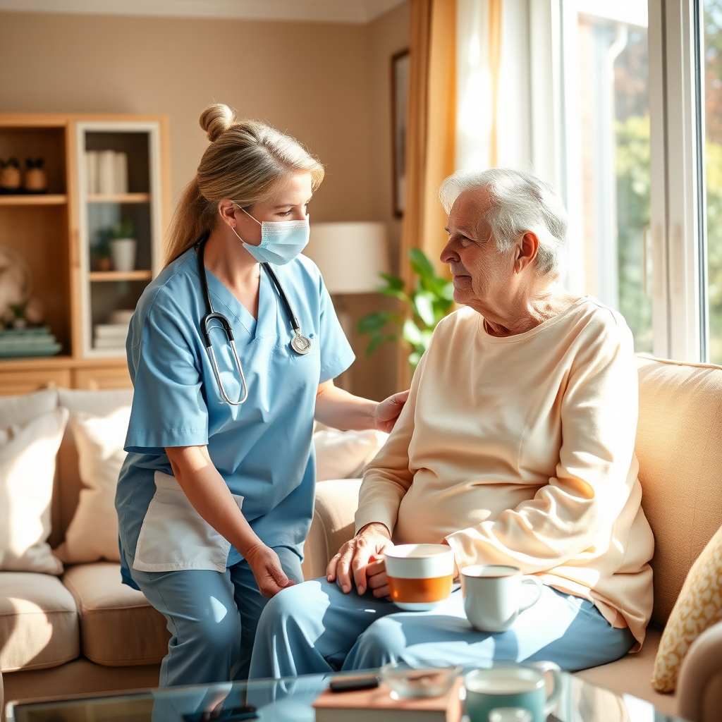 Caregiver aiding a patient at home after surgery
