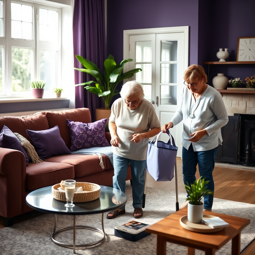 Caregiver and senior in a cozy living room (generated)