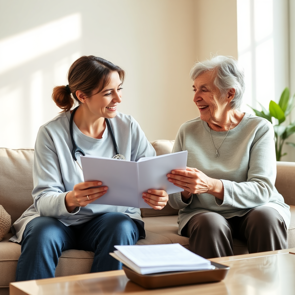 Caregiver reviewing a care plan with a senior at home