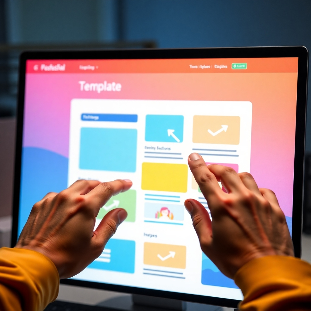 A photorealistic image depicting hands dragging and dropping website elements (text boxes, images, buttons) onto a website template on a computer screen. Focus on a user-friendly interface. The color palette is bright and inviting. Technical specs: 4K, hyperrealistic.