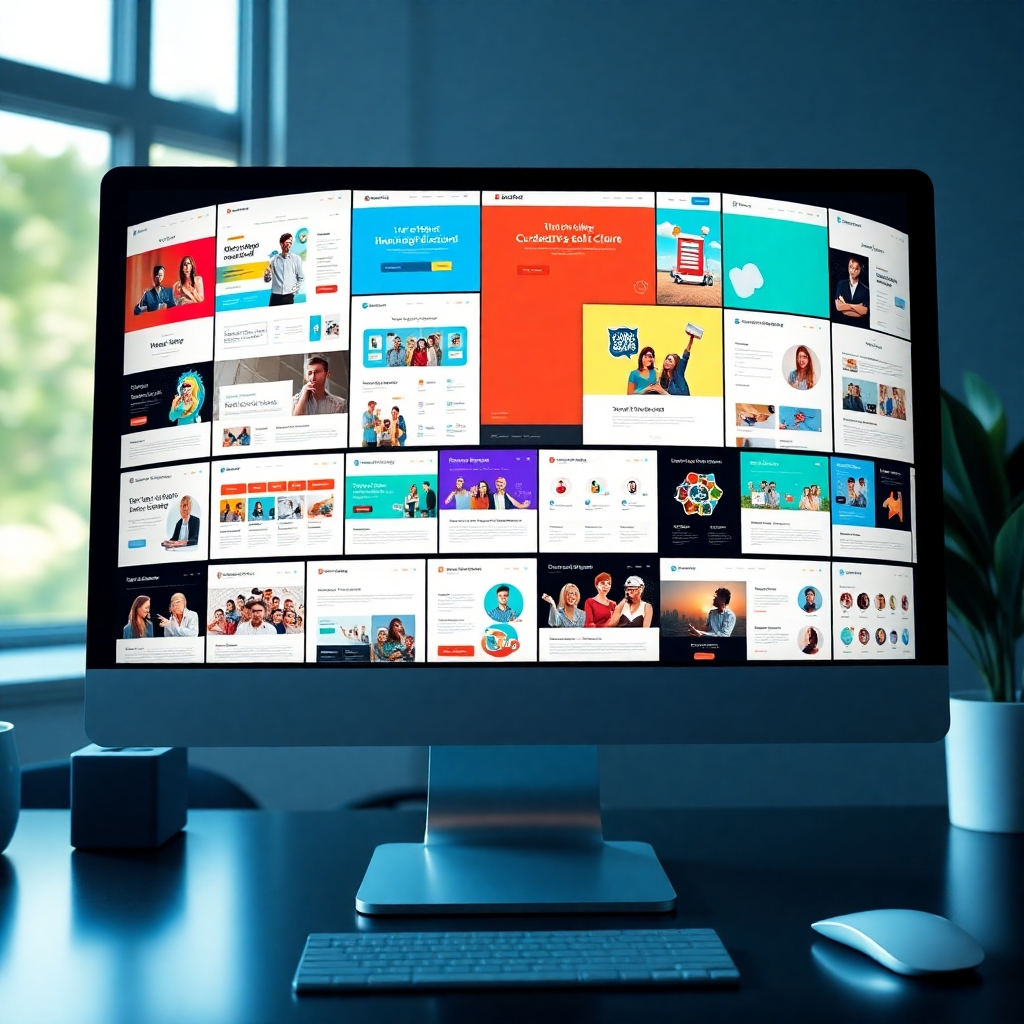 A photorealistic image displaying a carousel of diverse website templates on a computer screen. The templates should be modern and visually appealing, catering to various industries and styles. The color palette is varied and vibrant. Technical specs: 4K resolution, hyperrealistic.