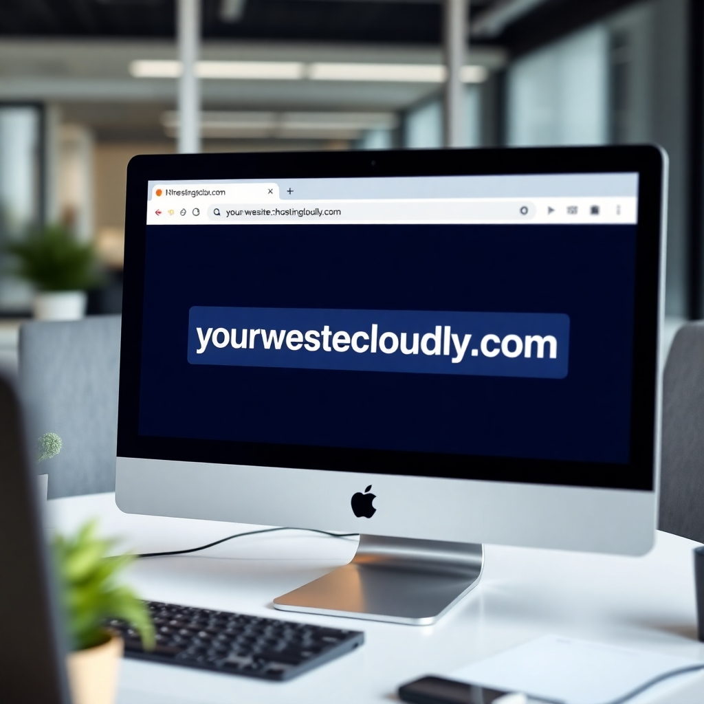 A photorealistic image of a computer screen displaying a website on a subdomain (e.g., 'yourwebsite.hostingcloudly.com') with a clear focus on the subdomain address. The background is a professional office setting. Technical specs: 4K, hyperrealistic.