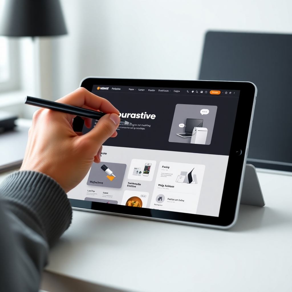 A photorealistic image of a hand using a digital pen to customize a website design on a tablet. The interface is clean and intuitive, showcasing various design elements and options. Focus on conveying creative freedom. Technical specs: 4K, hyperrealistic.