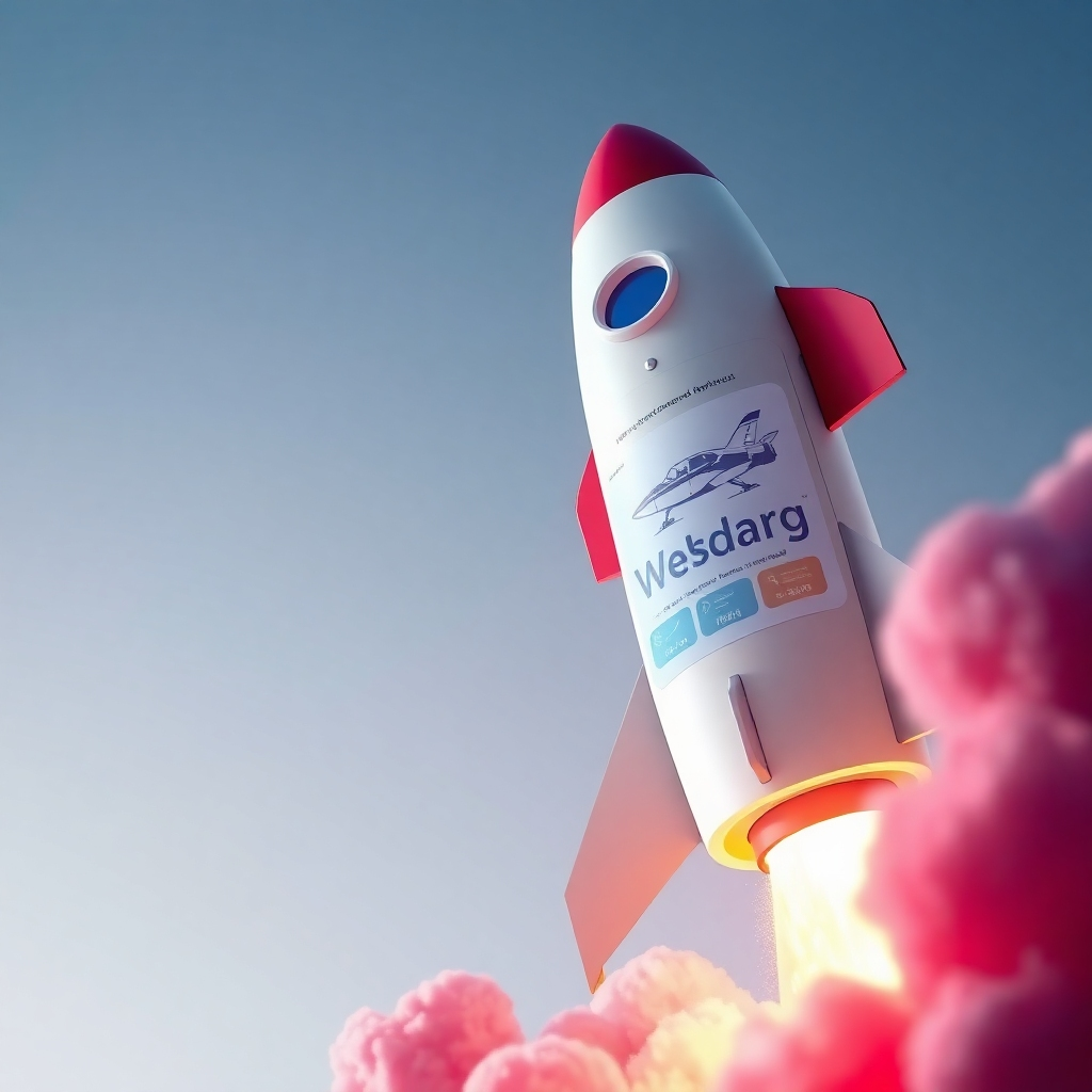 A photorealistic image of a rocket launching into space, symbolizing the successful launch of a website. The website's design is subtly displayed on the rocket's side. The color palette is vibrant and celebratory. Technical specs: 4K, hyperrealistic.