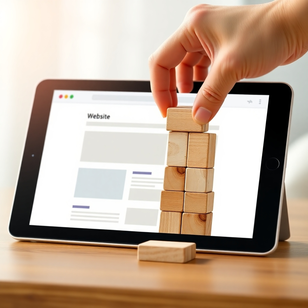 A photorealistic image of building blocks forming a website layout on a tablet screen, with a hand gently placing the final block. The background should be soft and inviting. Focus on the ease of construction. Technical specs: 4K resolution, hyperrealistic.