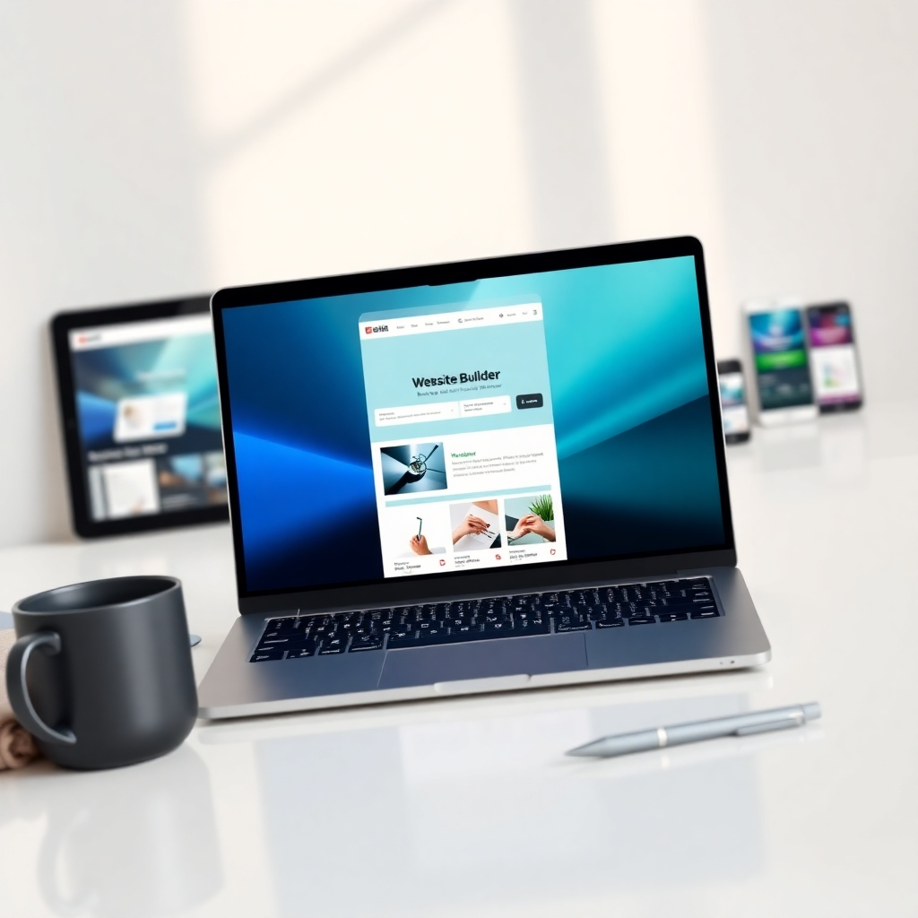 A photorealistic, ultra-high quality image showcasing a sleek laptop displaying a modern website builder interface. The interface should be clean and intuitive, with drag-and-drop elements and visual customization options. In the background, subtle, blurred images of various devices (tablets, smartphones) displaying the same website, illustrating responsiveness. The laptop is placed on a clean, minimalist desk with soft, natural lighting. The color palette is modern, using blues, greens, and whites with subtle gradients. The camera angle is slightly above, offering a full view of the laptop screen and its surroundings. Add subtle textures like brushed metal and soft fabric. Props include a stylish coffee mug and a modern pen. The overall environment should feel professional and inspiring. Style reference: Apple product photography. Technical specs: 8K resolution, hyperrealistic rendering.