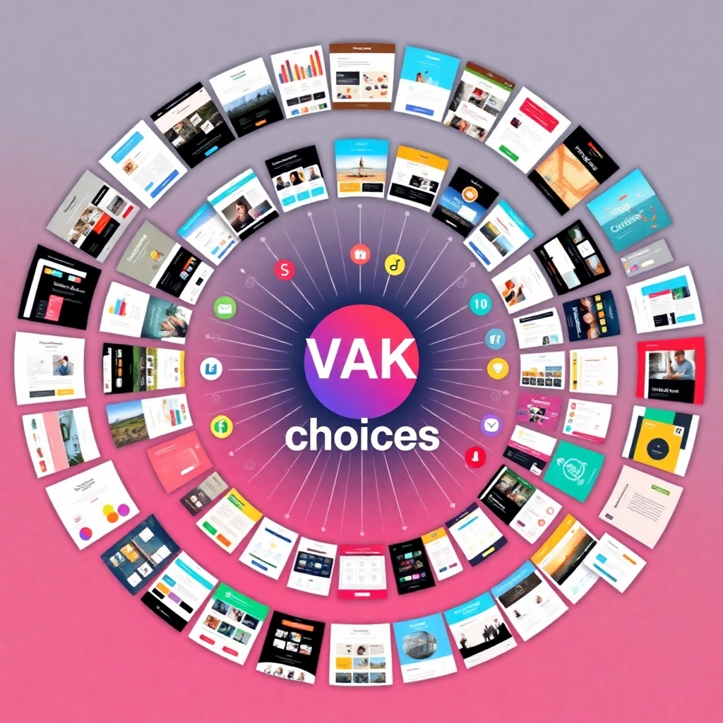 A stylized image displaying a wide array of website templates and design options radiating outwards from a central point (representing the user's creativity). The color palette is diverse and vibrant. Style reference: Infographics representing vast choices. Technical specs: 4K, high quality rendering.