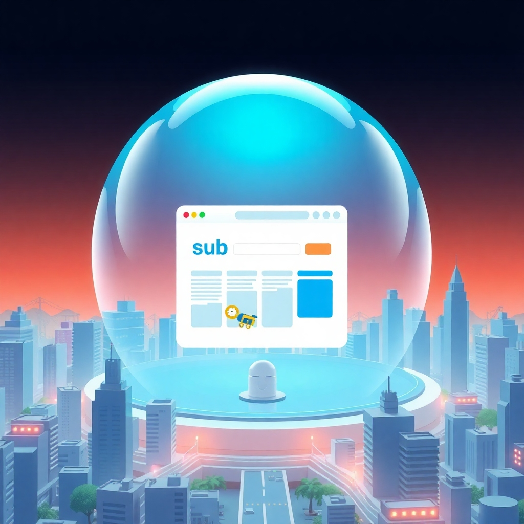 A stylized image representing a website being hosted within a protective dome (representing the subdomain environment). The dome is transparent and showcases the website's design. The color palette is secure and reliable. Style reference: Futuristic cityscapes with protective domes. Technical specs: 4K resolution, high quality rendering.