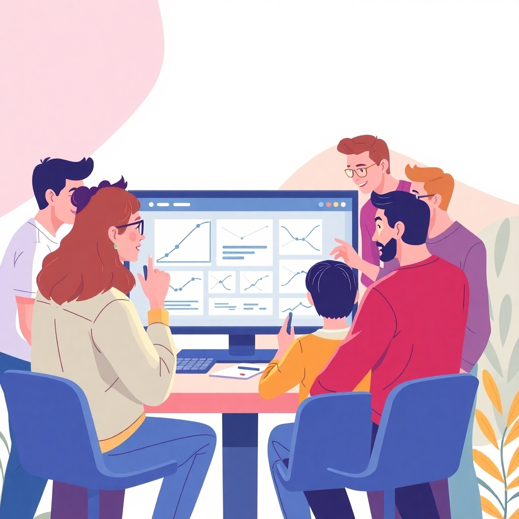 A stylized image showcasing diverse individuals collaborating on a website design. The scene should be vibrant and collaborative, with people of different ages and backgrounds gathered around a large interactive screen displaying a website wireframe. Use a bright and optimistic color palette. The style is modern and approachable, with a touch of illustration. Focus on conveying collaboration, creativity, and ease of use. The background features subtle geometric patterns and abstract shapes. The camera angle is a wide shot, capturing the energy of the team. Style reference: Modern tech company stock photos with an illustrated touch. Technical specs: 4K resolution, high quality rendering.