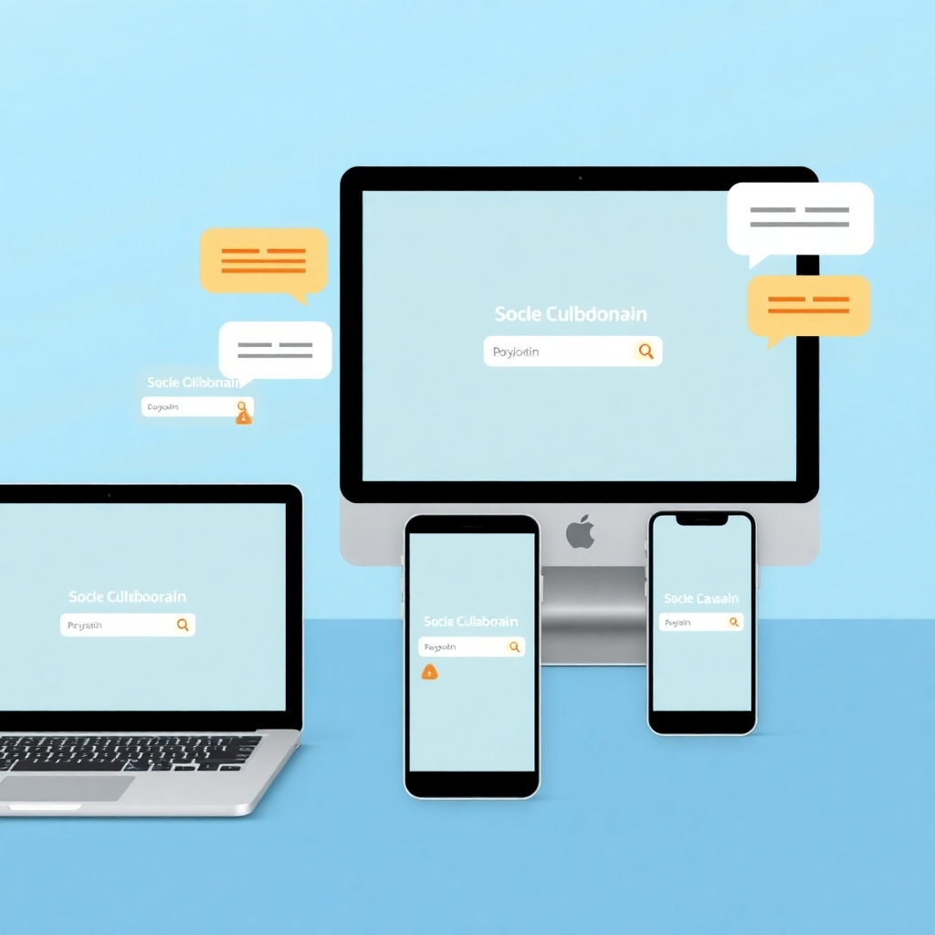 A stylized image showcasing multiple devices (laptops, tablets, smartphones) displaying the same website design on a subdomain, with chat bubbles indicating feedback and collaboration. The color palette is collaborative and communicative. Style reference: Modern collaboration software visuals. Technical specs: 4K, high quality rendering.
