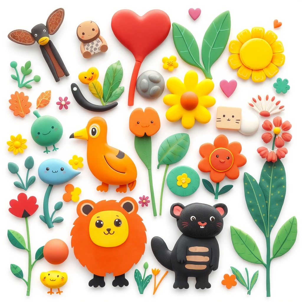A digital illustration showcasing a variety of Bisheng's clip art elements arranged in a playful and dynamic composition. The clip art features various themes: animals, plants, and abstract shapes. The color palette is bright and cheerful, with a focus on primary and secondary colors. The background is a clean white canvas. Camera angle is a top-down view, showcasing the variety of clip art elements. Details should include clean lines, vibrant colors, and unique designs. Style reference: flat illustration with a modern and playful aesthetic. Technical specs: 4K resolution, high quality.
