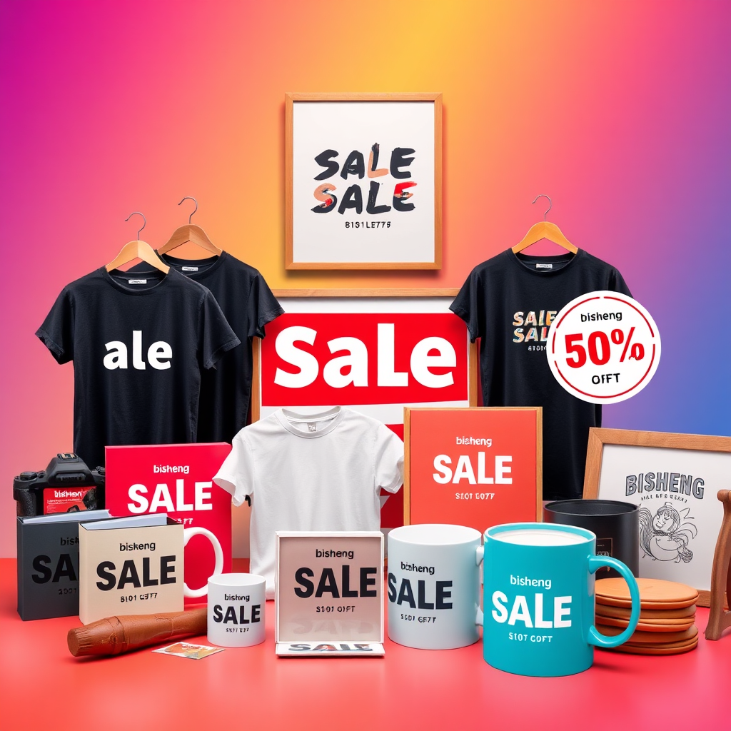 A dynamic image showcasing various Bisheng products with prominent 'Sale' and 'Discount' labels. Products include t-shirts, mugs, and wall art, all arranged in a visually appealing manner. The background is a vibrant and energetic color gradient. The lighting is bright and eye-catching, highlighting the sale labels. Camera angle is a slightly high angle, capturing the variety of products. Details should include sharp focus on sale labels and product designs. Style reference: e-commerce promotional graphic. Technical specs: 4K resolution, high quality.