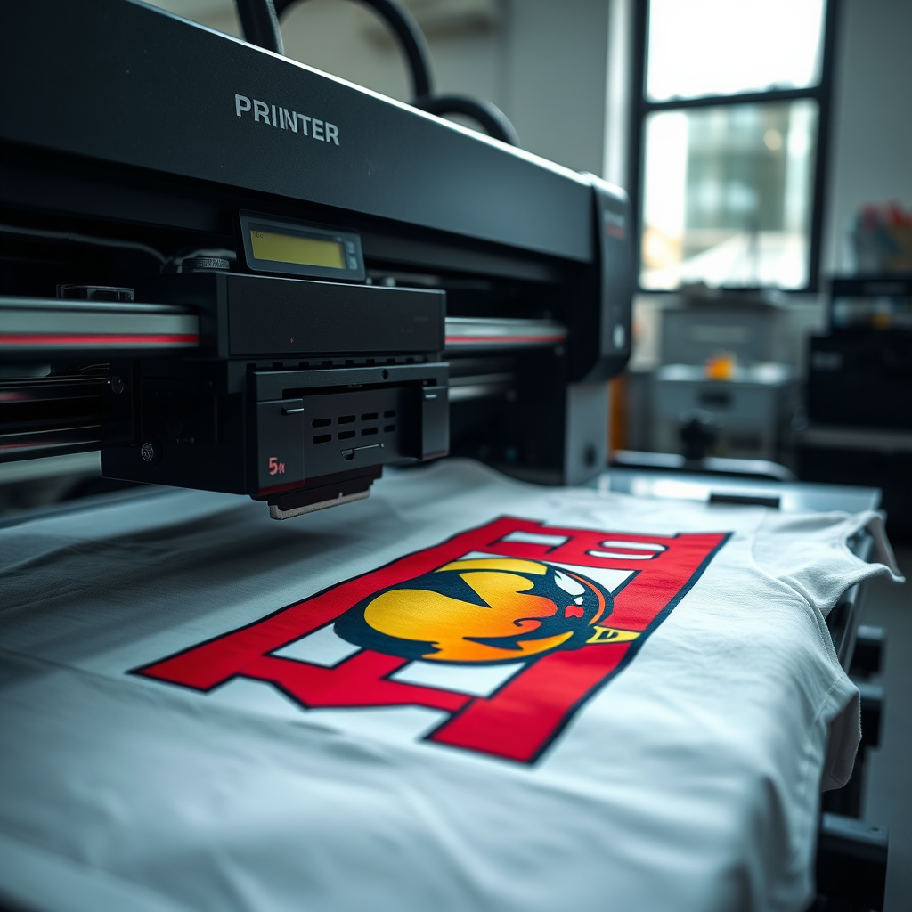 A photorealistic image depicting a high-quality printer producing a vibrant print on a t-shirt. The lighting is focused on the printing process, highlighting the ink and fabric details. The background is a clean printing workshop. Camera angle is a close-up shot. Details should include the precision of the printing and the colors. Style reference: print shop service photography. Technical specs: 4K resolution, high quality.